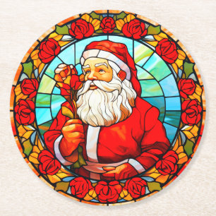 Stained Glass Santa Christmas Ornament-67680 Round Paper Coaster
