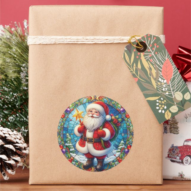 Stained Glass Santa Claus Classic Round Sticker (Holiday)