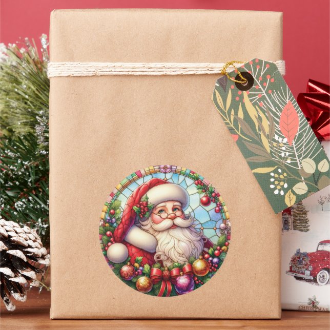 Stained Glass Santa Claus Classic Round Sticker (Holiday)