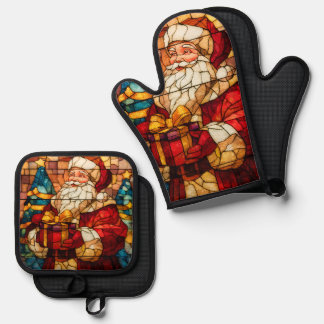 Stained Glass Santa Oven Mitt & Pot Holder Set