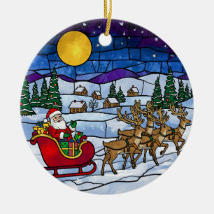 Stained Glass Santa & Reindeer Sleigh Ride Ceramic Ornament
