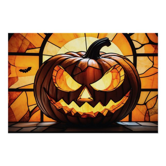 Stained Glass Scary Halloween Jack-O-Lantern  Poster (Front)