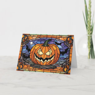 Stained Glass Scary Halloween Pumpkin, Bats Holiday Card
