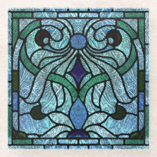 Stained Glass Scroll Design in Blue and Green Coaster