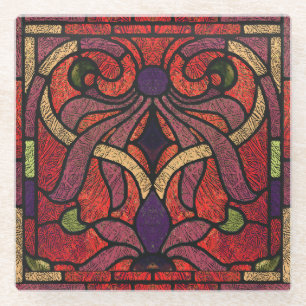 Stained Glass Scroll Design in Crimson and Gold Coaster