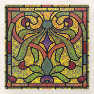 Stained Glass Scroll Design in Gold and Red Coaster