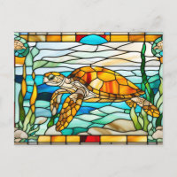 Stained Glass Sea Turtle Swimming in the Ocean 