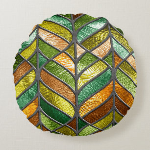 Stained glass seamless texture with leaf pattern, round cushion