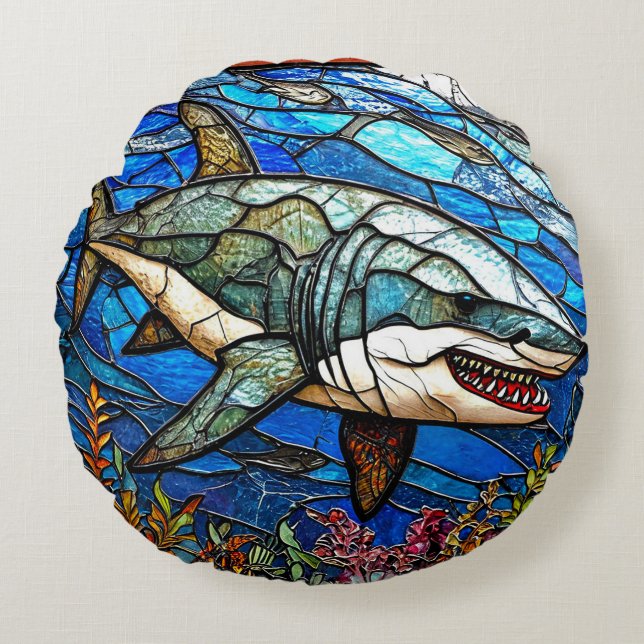 Stained glass shark round cushion (Front)