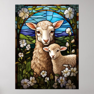Stained Glass Sheep and Lamb Pastoral Meadow Windo Poster