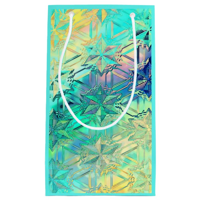 Stained glass snowflake colourful teal pink yellow small gift bag (Front)