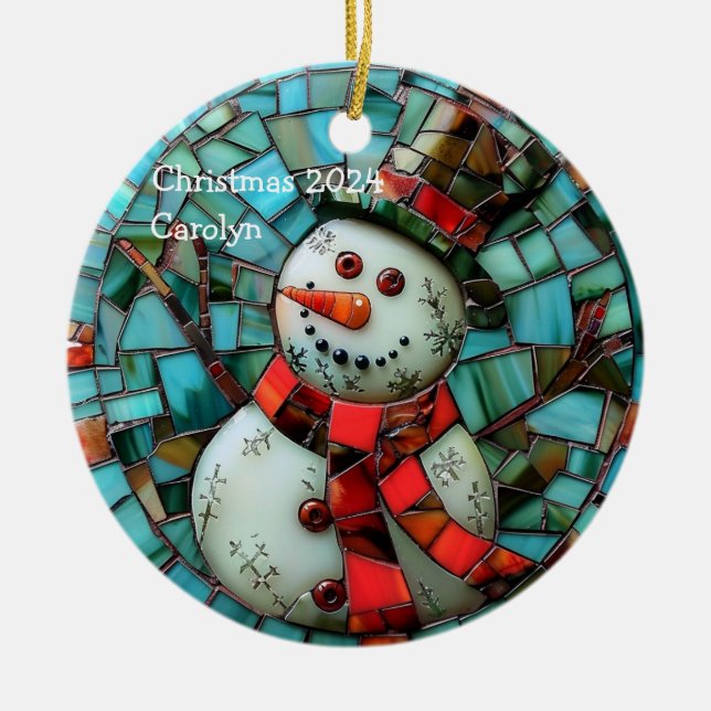 Stained Glass Snowman Personalised Ceramic Ornament (Front)