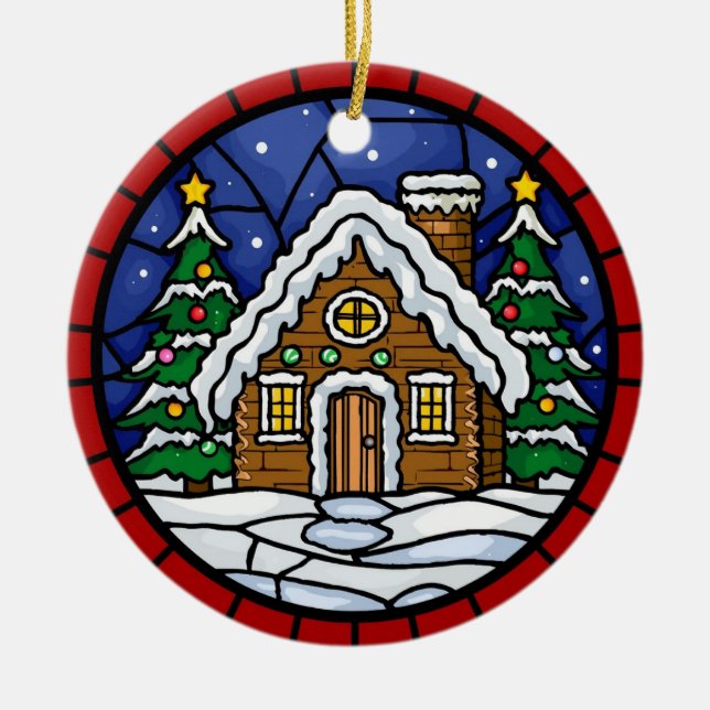 Stained Glass Snowy Cabin Ceramic Ornament (Front)