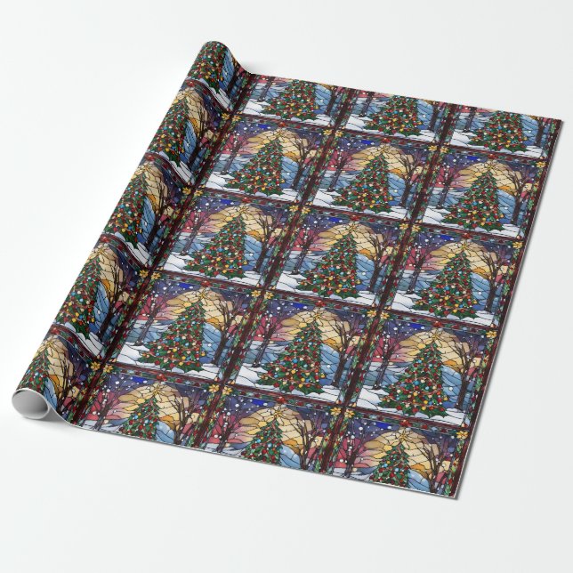 Stained Glass Solstice Tree Wrapping Paper (Unrolled)