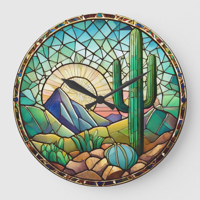 Stained Glass Southwestern Desert Cactus Large Clock (Front)