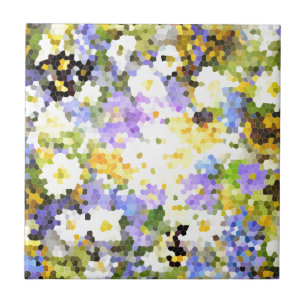 Stained Glass Spring Flowers Yellow Violet Green Tile