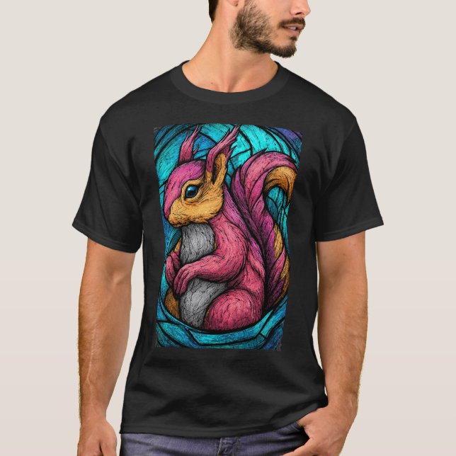 Stained-Glass Squirrel – Teal & Magenta Woodland A T-Shirt (Front)
