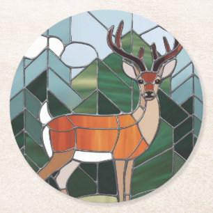 Stained Glass - Stained Glass Style Deer Art Round Paper Coaster