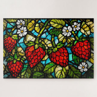 Stained Glass Strawberries, Leaves and Flowers Jigsaw Puzzle