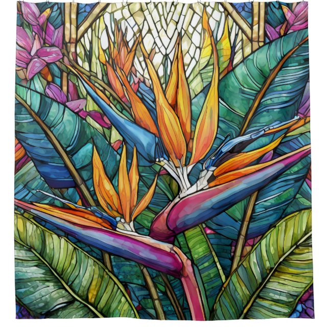Stained glass style bird of paradise shower curtain (Front)