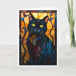 Stained Glass Style Black Cat with Leaves Card