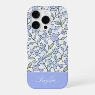 Stained Glass Style Blue Floral Personalised Name iPhone 16 Pro Case