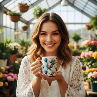 stained glass style blue roses floral coffee  mug