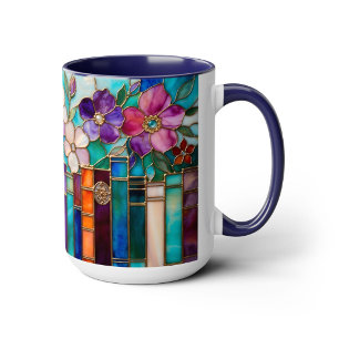 Stained Glass Style Books Floral Mug