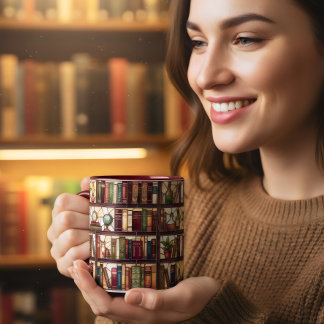Stained glass style bookshelf coffee book lover   mug