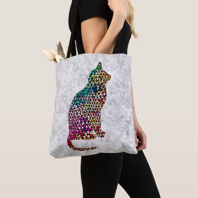 Stained Glass Style Cat Art Vintage Bag Tote (Close Up)