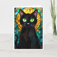 Stained Glass Style Charming Black Cat Green Eyes