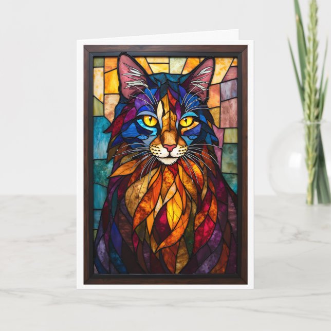 Stained Glass Style Charming Cat with Yellow Eyes Card (Front)