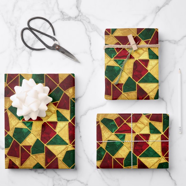 Stained Glass Style Christmas Red Green Gold  Wrapping Paper Sheet (Front)