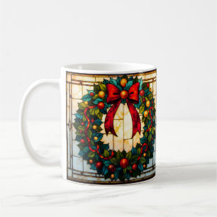 Stained Glass Style Christmas Wreath Bow Coffee Mug