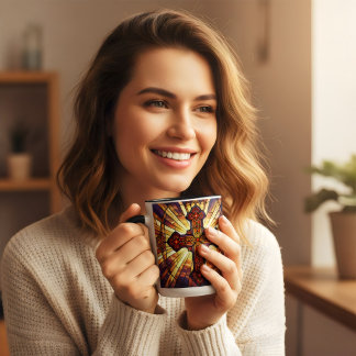 Stained glass style Cross Jesus is king coffee  Mug