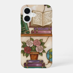 Stained-Glass Style Floral Bookshelf Book Lover iPhone 16 Case