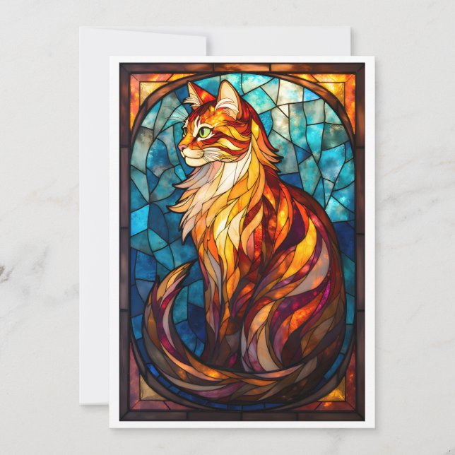 Stained Glass Style Fluffy Orange Cat Flat Card (Front)