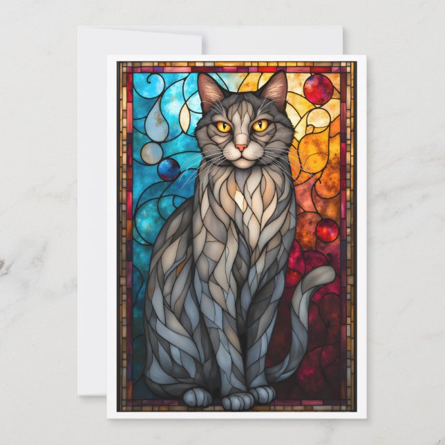 Stained Glass Style Grey Cat Card (Front)