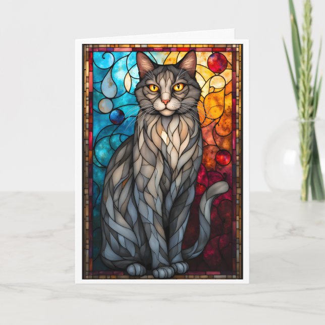 Stained Glass Style Grey Cat Card (Front)