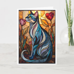 Stained Glass Style Grey Cat with Flowers Card