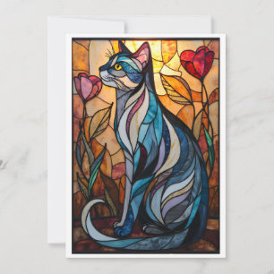 Stained Glass Style Grey Cat with Flowers Card