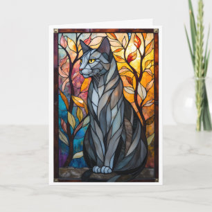 Stained Glass Style Grey Cat with Leaves Card