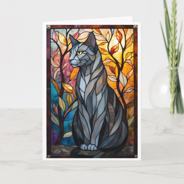 Stained Glass Style Grey Cat with Leaves Card (Front)