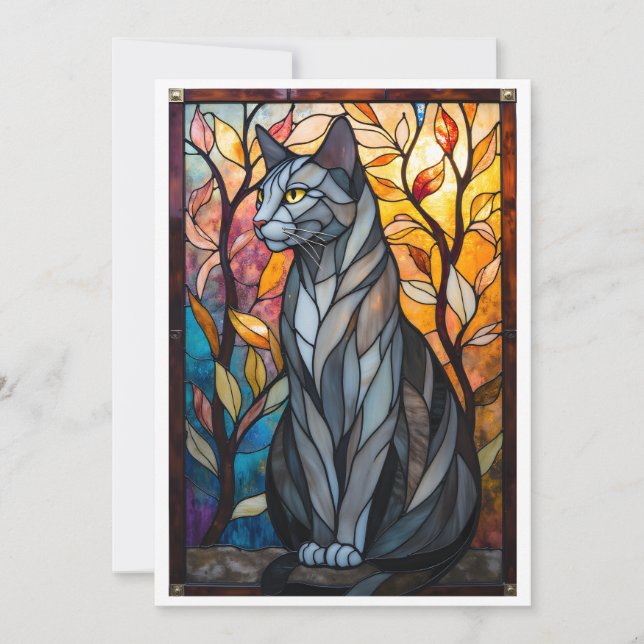 Stained Glass Style Grey Cat with Leaves Card (Front)