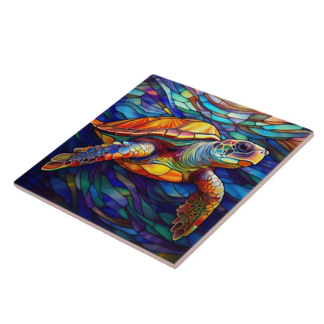 Stained glass style Hawaiian sea turtle Honu art Ceramic Tile (Side)