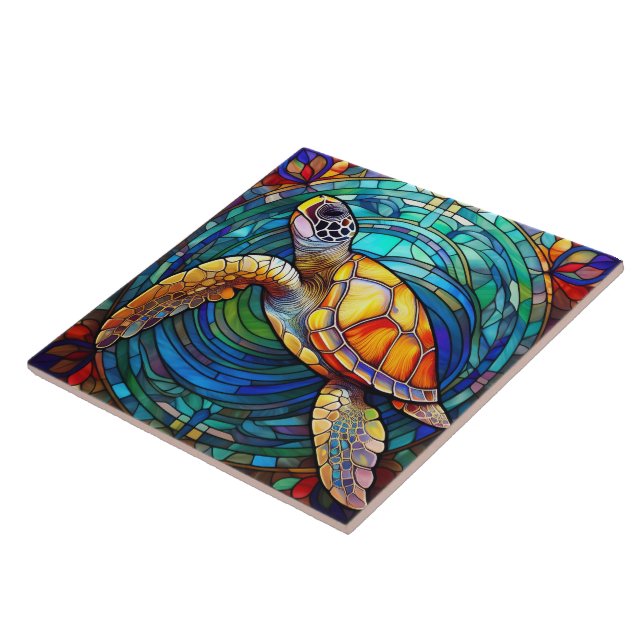 Stained glass style Hawaiian sea turtle Honu art Ceramic Tile (Side)