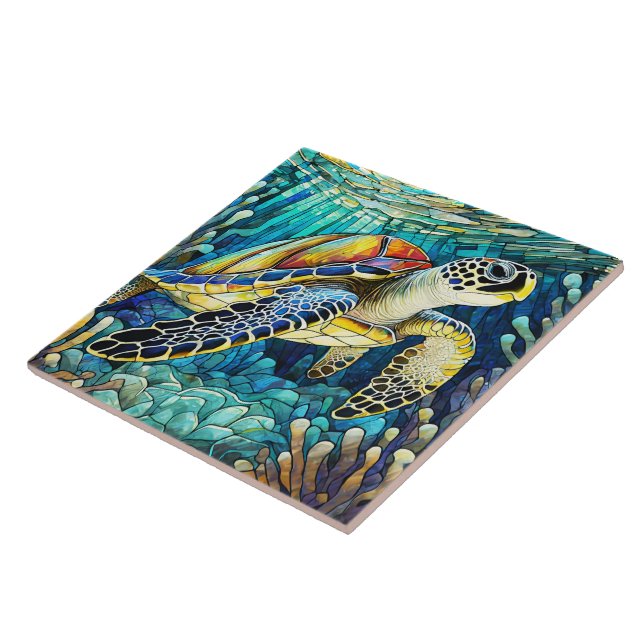 Stained glass style Hawaiian sea turtle Honu art Ceramic Tile (Side)