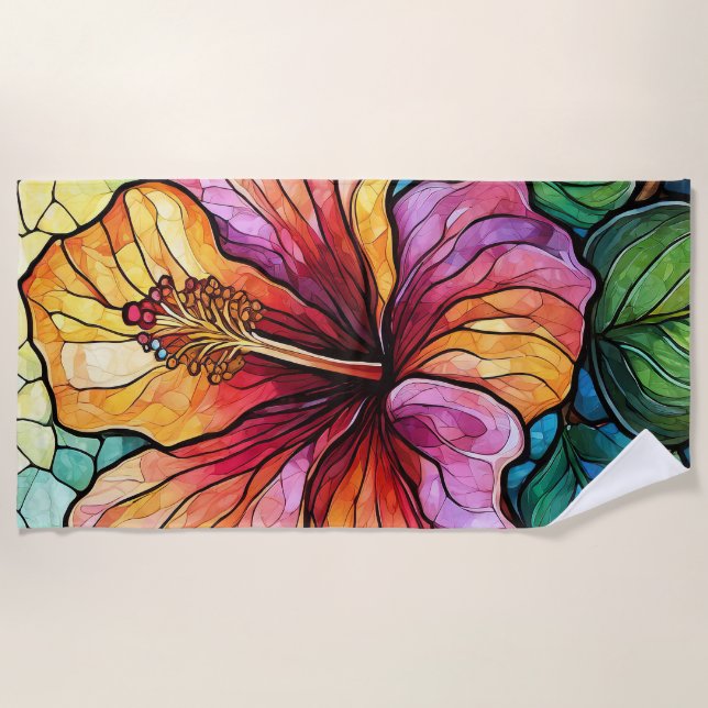 Stained glass style hibiscus beach towel (Front)
