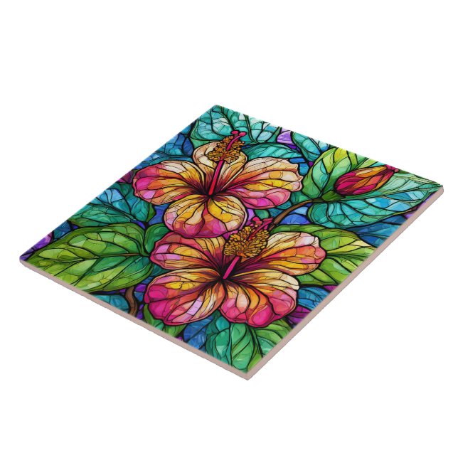 Stained glass style hibiscus ceramic tile (Side)