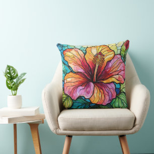 Stained glass style hibiscus cushion